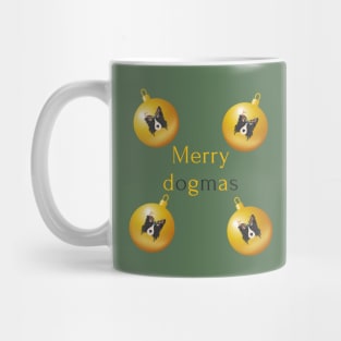 Merry Dogmas and Border Collie Head with Reindeer Ear in Golden Christmas Baubles Mug